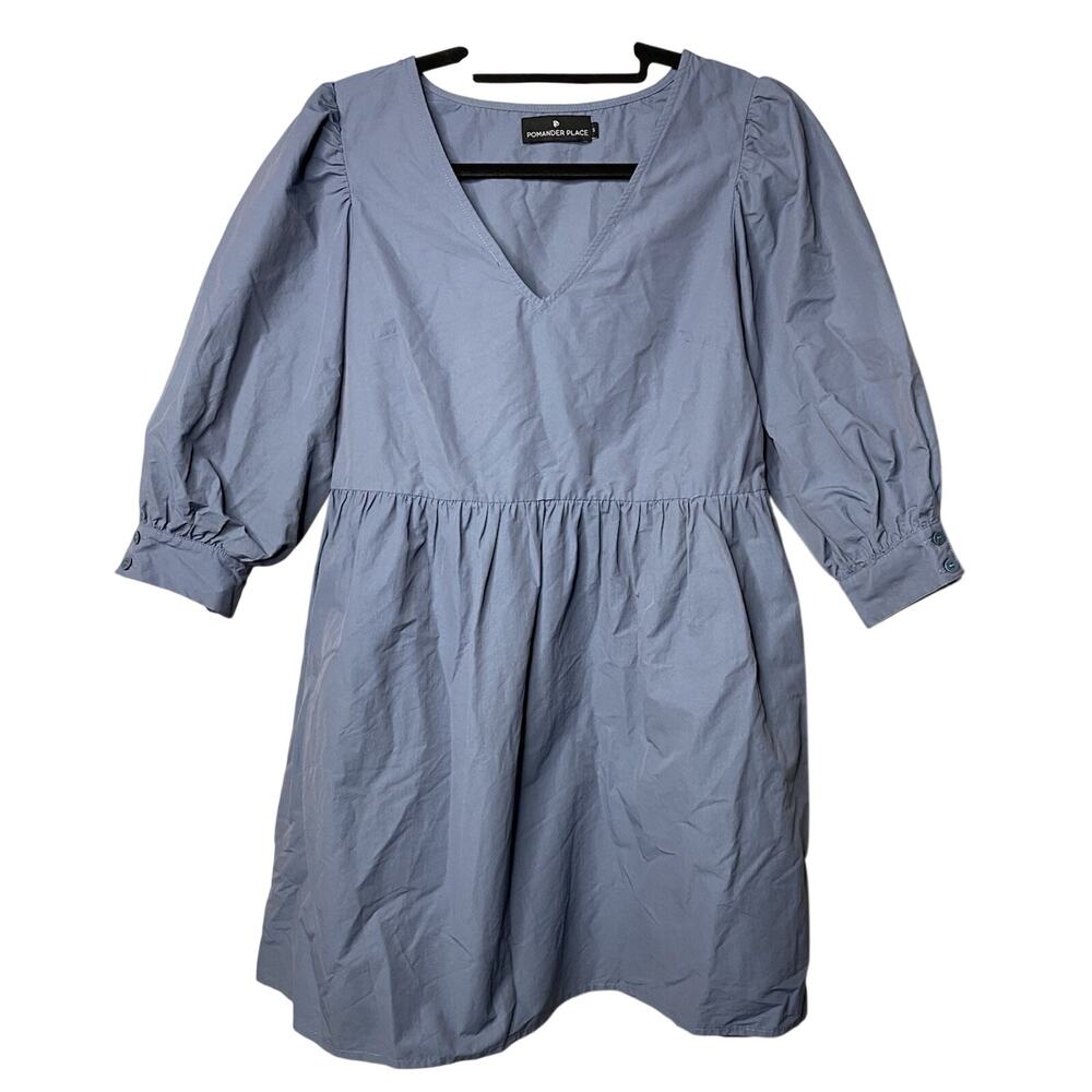 Pomander Place Dusty Blue Lizzie Dress Babydoll Women's Small V-Neck Mini Boho